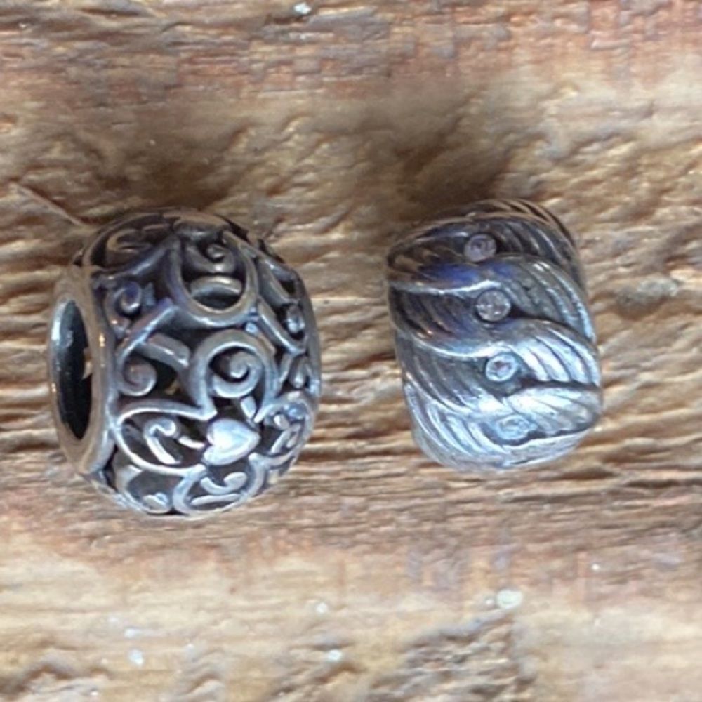 BRIGHTON vintage silver filigree‎ and Crystal inset barrel charms 2 pack set